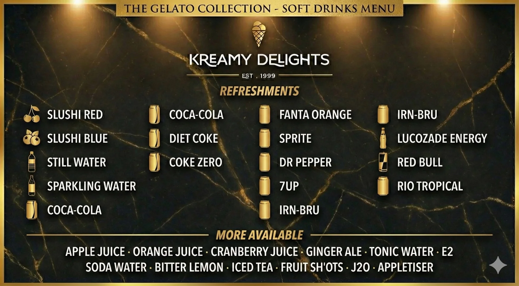 Soft drinks and refreshments board listing the full chilled drinks range